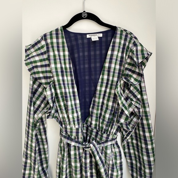 Glamorous size 12 tall plaid midi dress w/ long sleeves & ruffle details - Picture 3 of 6